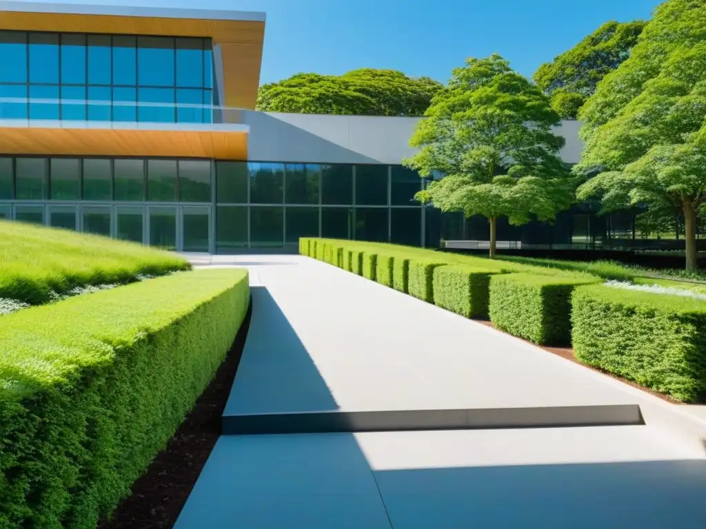 Accesibilidad física en universidades Uruguay: Rampa accesible rodeada de naturaleza, moderno edificio universitario y cielo azul