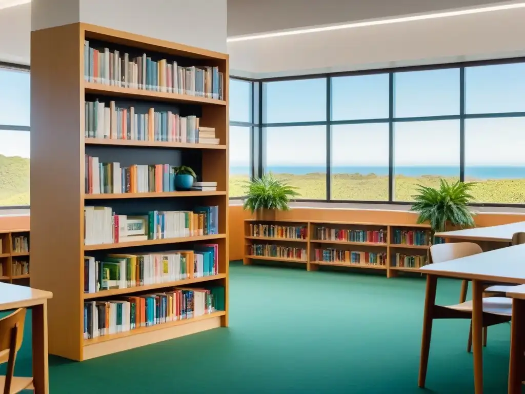 Un acogedor y sereno rincón de biblioteca escolar en Uruguay, lleno de libros de salud mental y bienestar, bañado por luz natural