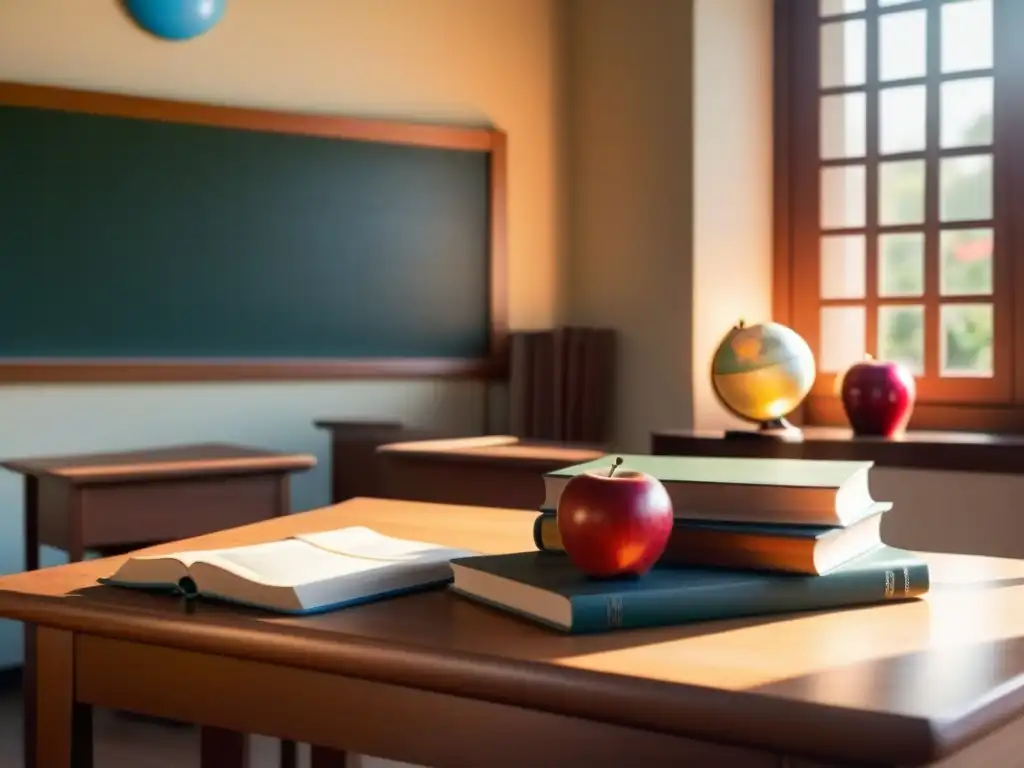 Acogedora aula en Uruguay con escritorio de madera, libros, globo y manzana roja, iluminada por cálida luz solar