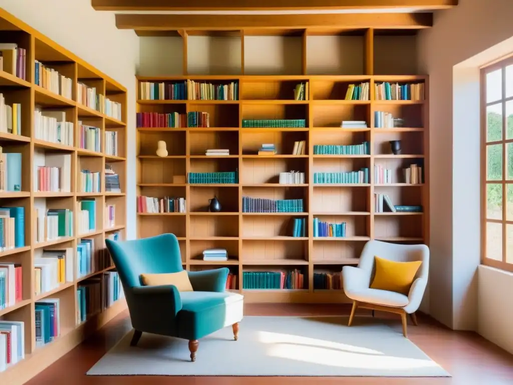 Acogedora biblioteca rural en Uruguay, con luz cálida iluminando estanterías de libros coloridos y rincón de lectura