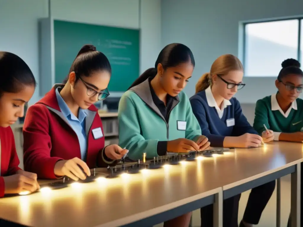 Inversión en educación STEM en Uruguay: Estudiantes diversos participando en actividades científicas en un aula moderna