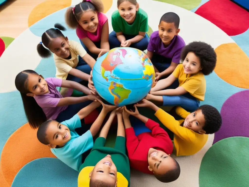 Actividades escolares fomentan multiculturalismo en Uruguay: Niños diversos unidos alrededor del mundo en aula colorida