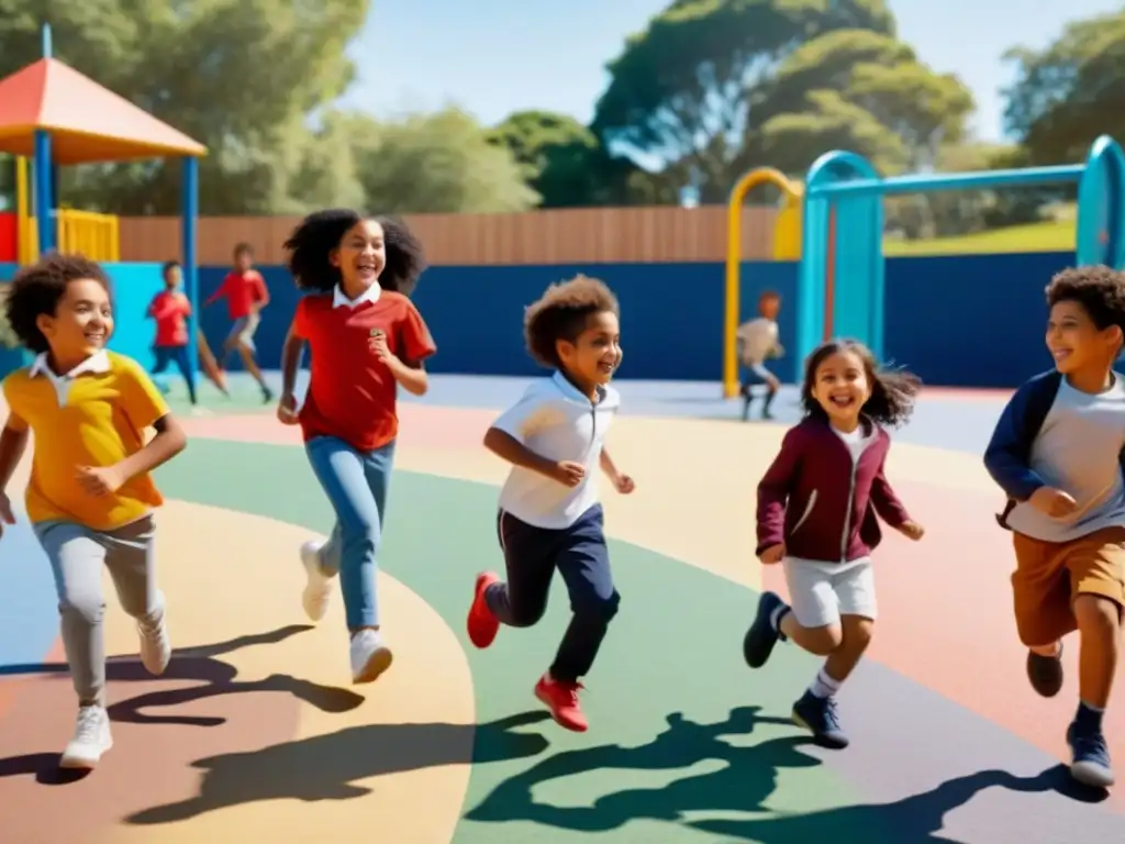 Alegre y diversa escena de niños jugando juntos en un patio inclusivo en Uruguay, promoviendo la prevención del bullying