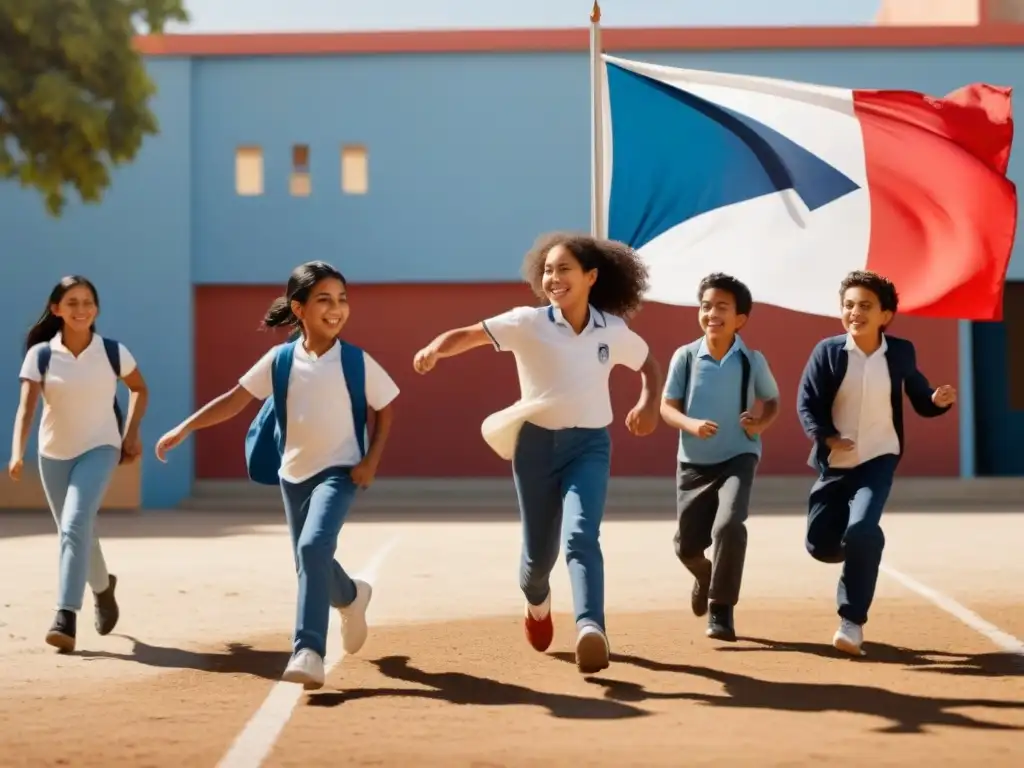 Alegre diversidad en un patio escolar, beneficios educación física inclusiva con bandera uruguaya al fondo