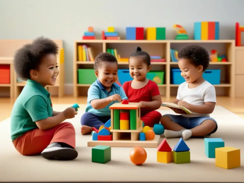 Alegre escena de niños de distintas etnias jugando en un aula de preescolar, con juguetes y libros coloridos