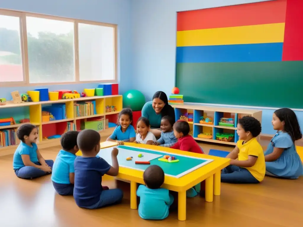 Una alegre escena de educación temprana inclusiva en Uruguay, con niños diversos jugando felices en un aula colorida