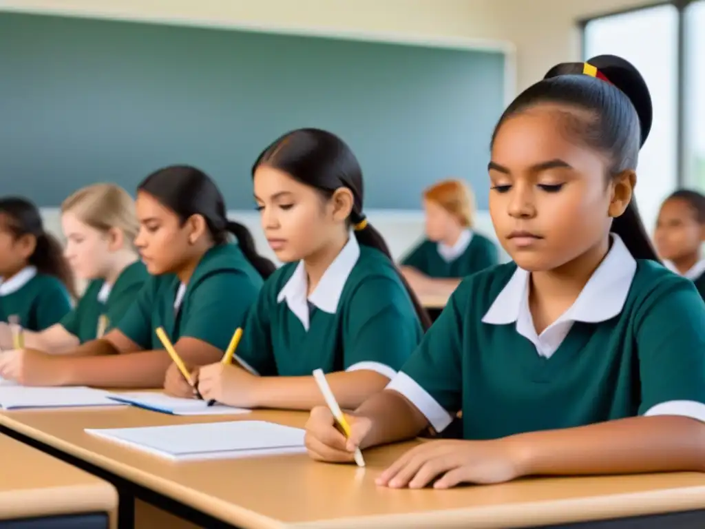 Alegre grupo de jóvenes indígenas concentrados en actividad educativa colaborativa en aula moderna, integrando tradición y tecnología