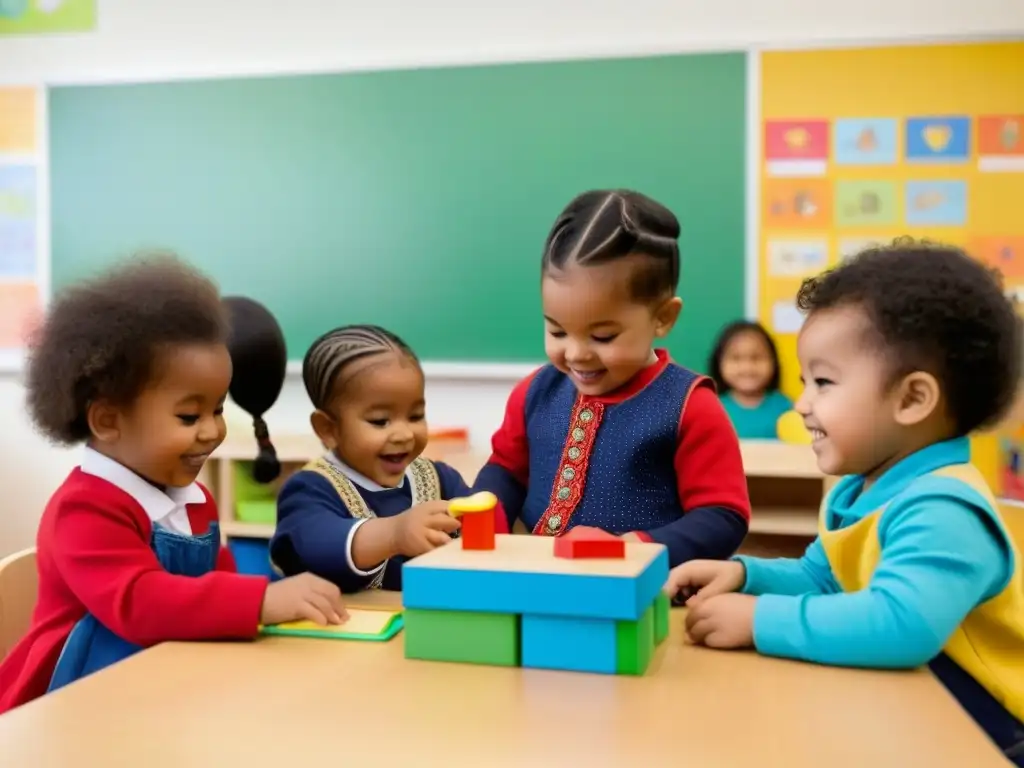 Un alegre grupo de niños migrantes en Uruguay disfrutando juntos en un aula inclusiva de educación preescolar