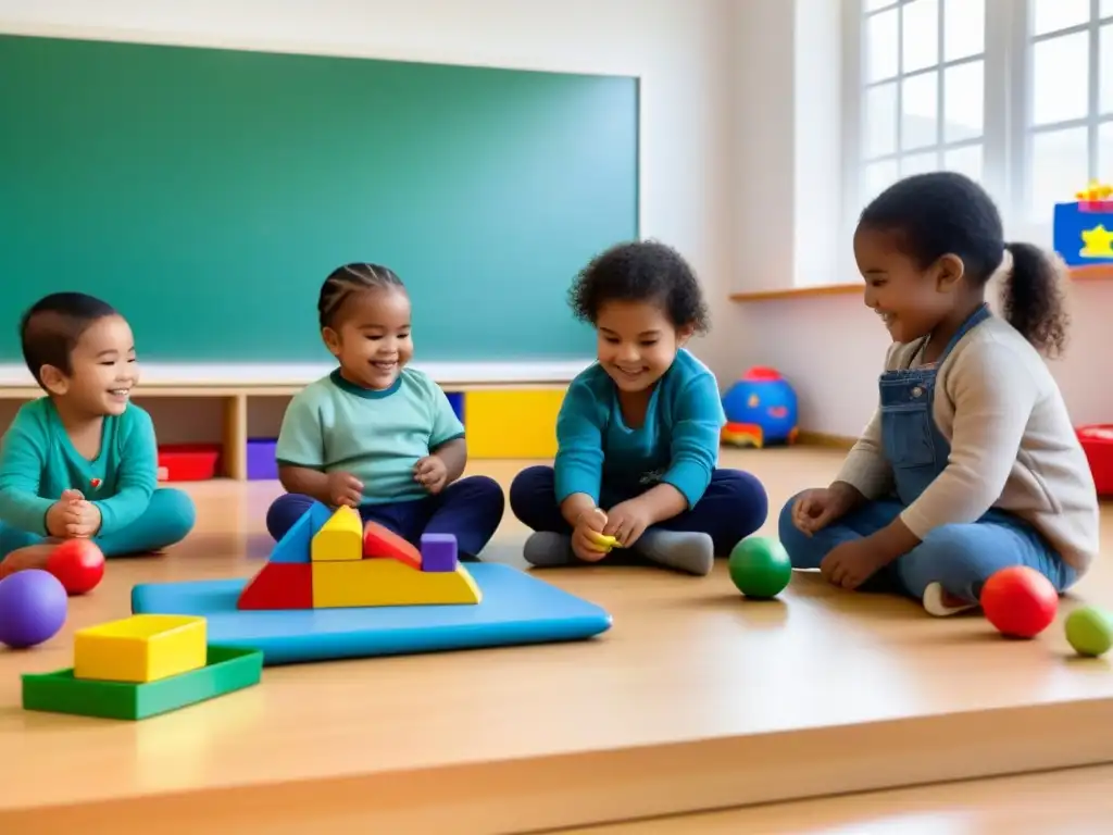 Un alegre salón de educación temprana inclusiva en Uruguay, donde niños de diferentes razas y habilidades juegan felices juntos