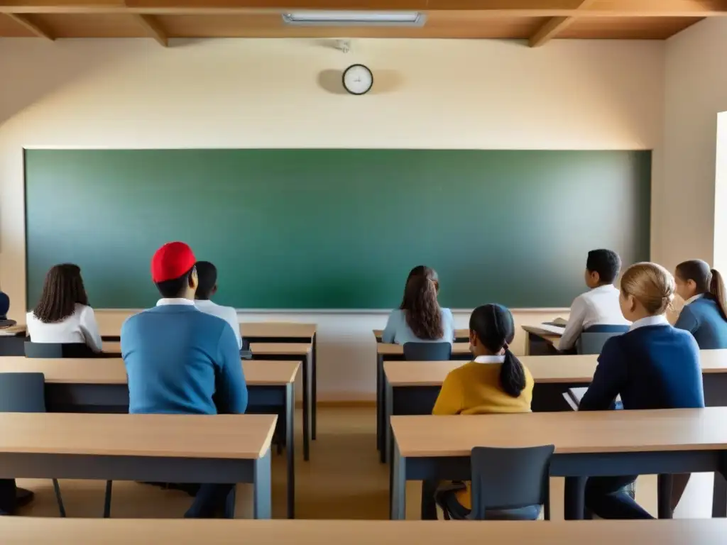 Alumnos en aula moderna de Uruguay, con tecnología y recursos educativos