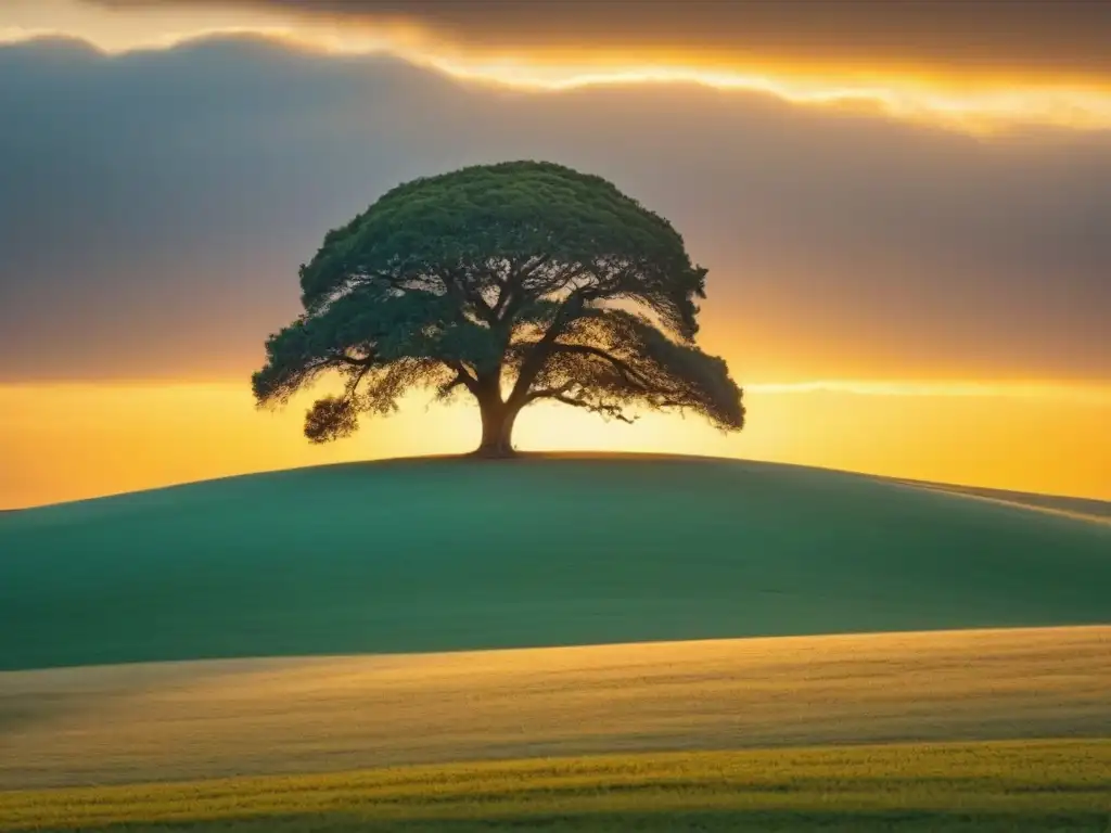 Paisaje rural sereno al amanecer en Uruguay Un amanecer sereno en Uruguay con un campo abierto y un árbol solitario proyectando una larga sombra