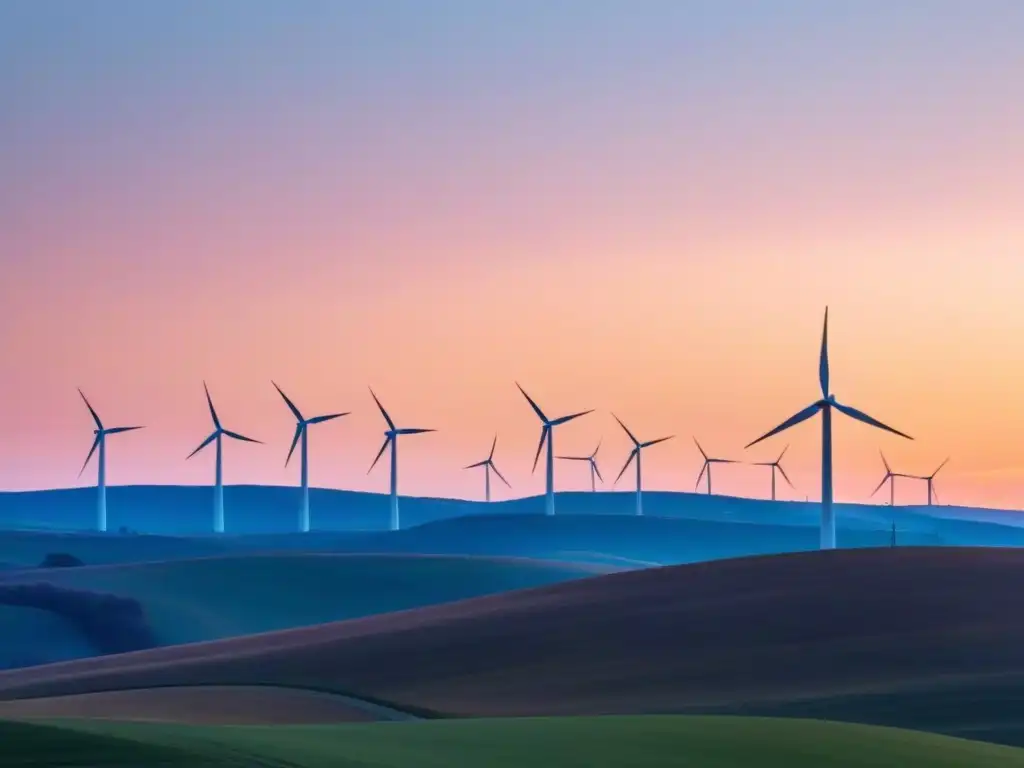 Un amanecer sereno sobre colinas con molinos de viento, en armonía con la naturaleza