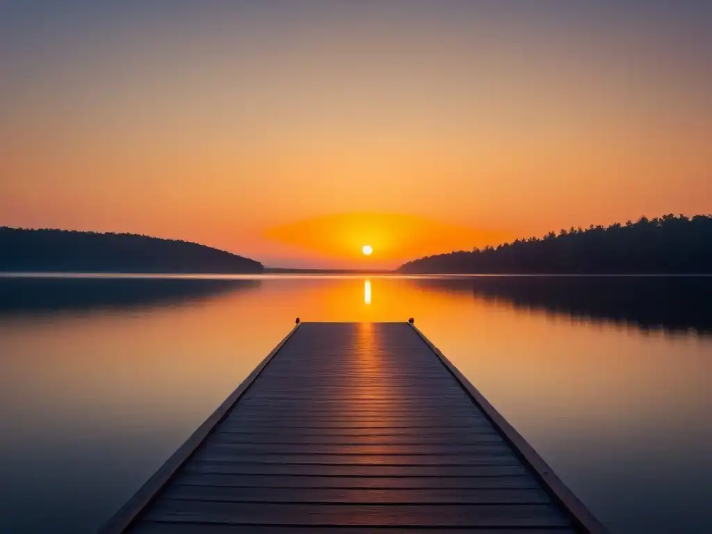 Un amanecer sereno sobre un lago tranquilo, reflejando la calma del agua con tonos naranjas, inspirando paz y esperanza