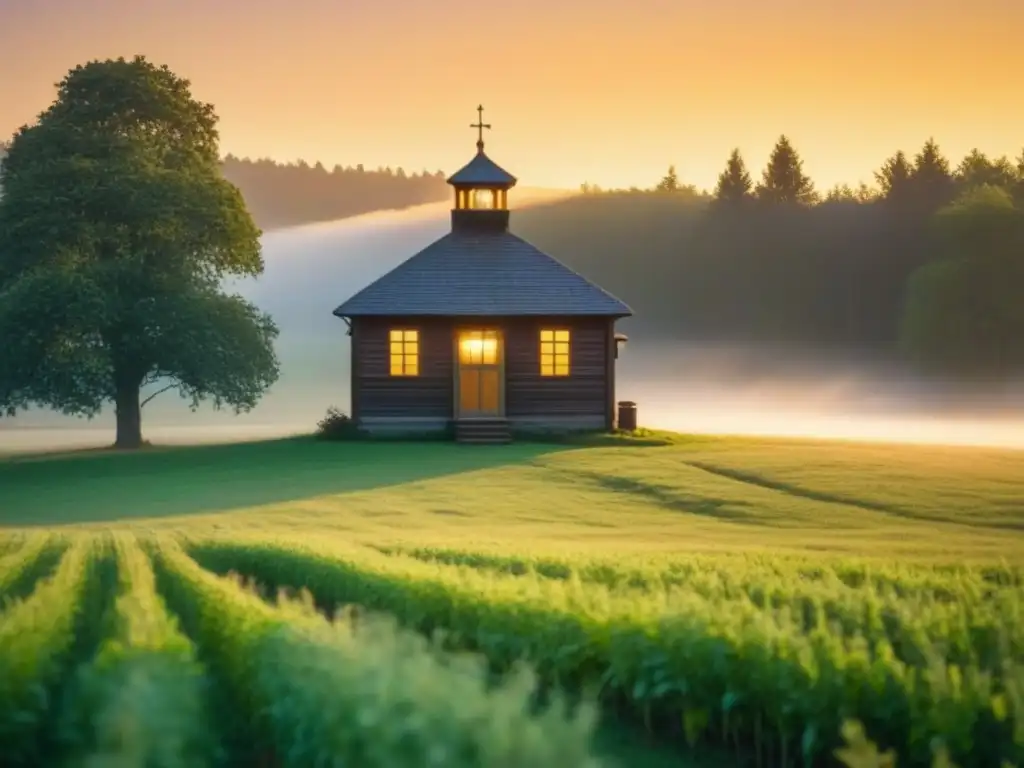 Un amanecer sereno en un paisaje rural con una escuela entre campos verdes