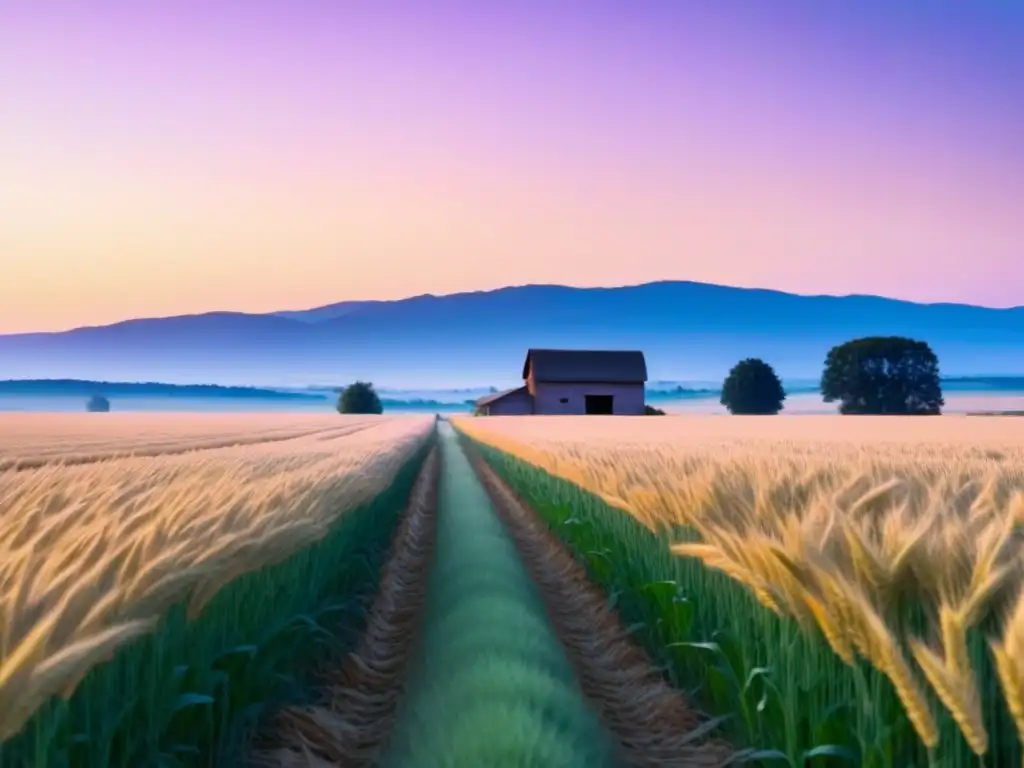 Un amanecer sereno en un paisaje rural con un extenso campo de trigo dorado y una casa de madera tradicional entre árboles altos