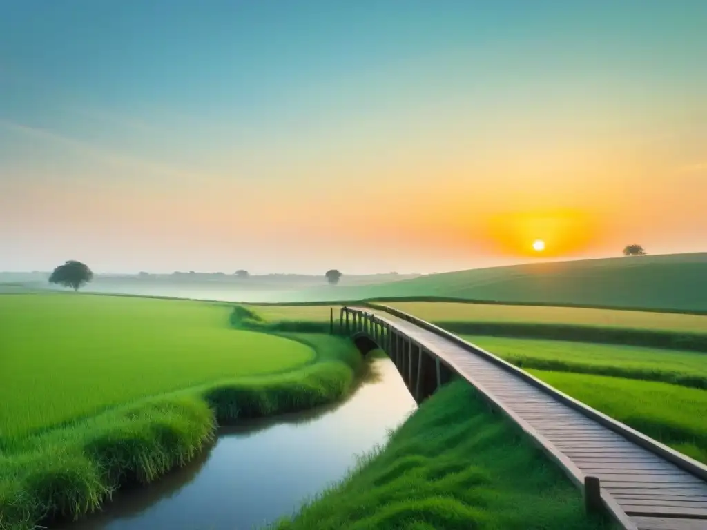 Un amanecer sereno en un paisaje rural pintoresco, con un río tranquilo, campos verdes y un puente de madera