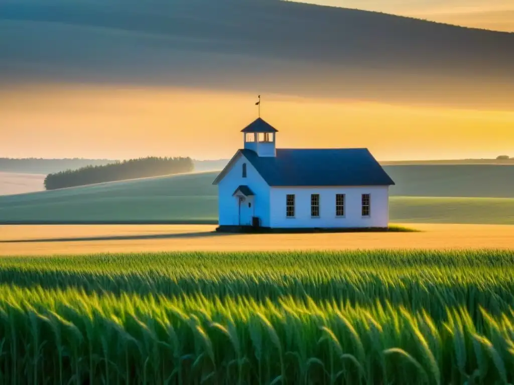 Un amanecer sereno en un paisaje rural, con una escuela rural solitaria entre campos de trigo dorado