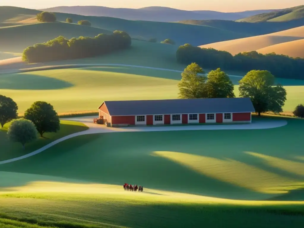 Un amanecer sereno en un paisaje rural con una escuela comunitaria entre colinas