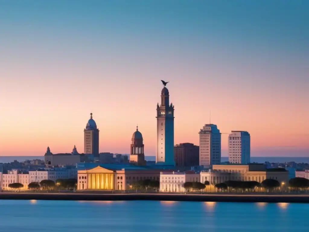 Un amanecer sereno sobre Montevideo, Uruguay, con Palacio Salvo y la Rambla