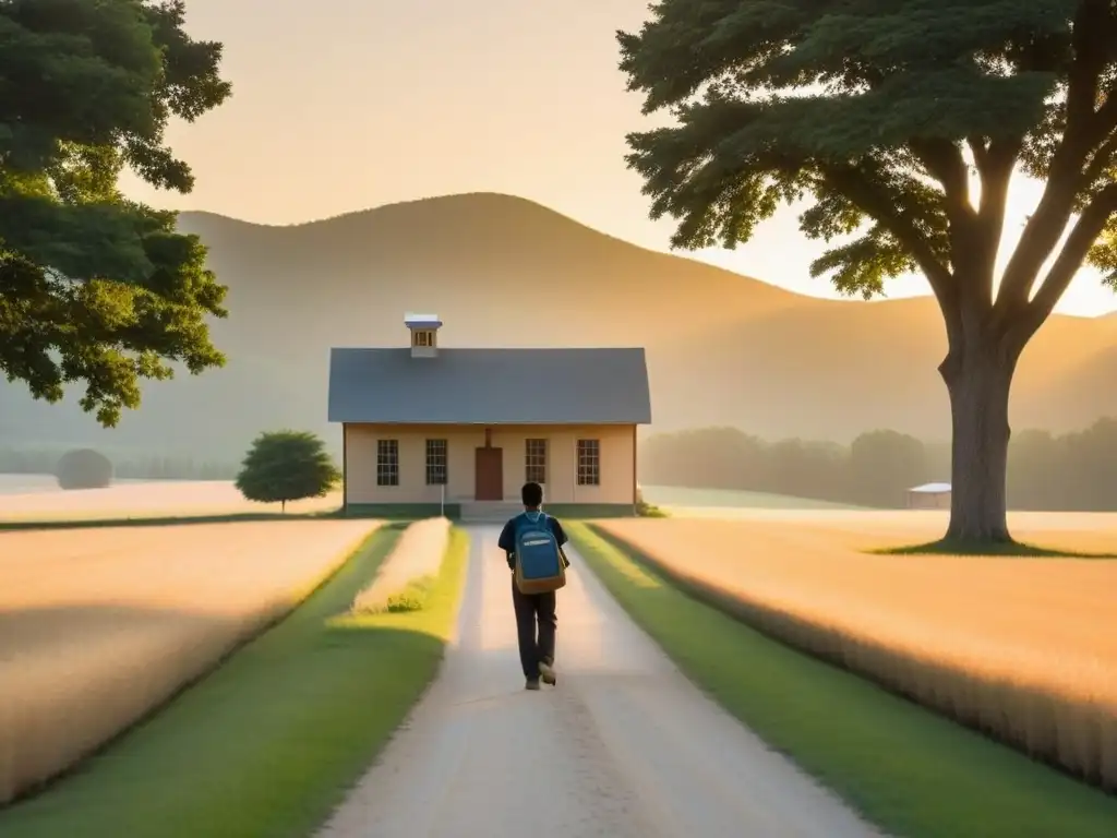 Un amanecer tranquilo en una escuela rural, con una maestra entrando al aula con libros