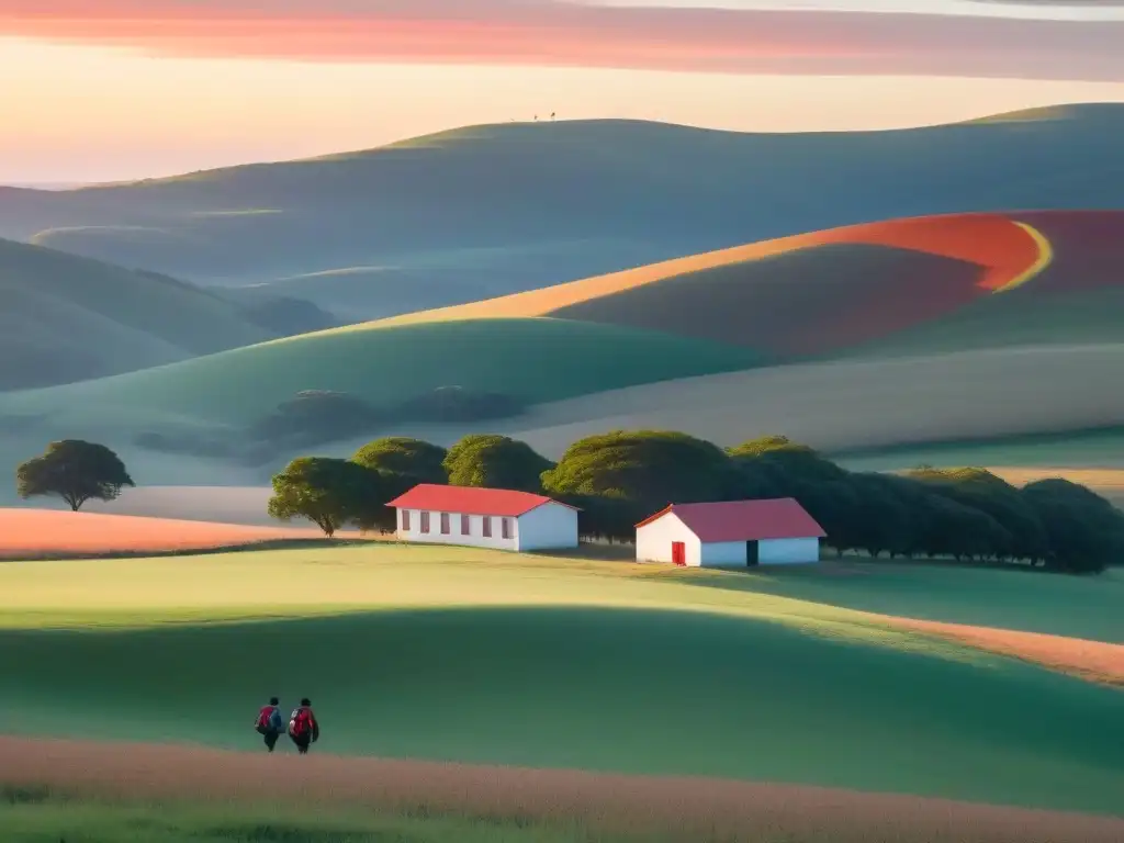 Un amanecer tranquilo en un paisaje rural uruguayo con una escuela y estudiantes diversos caminando hacia ella