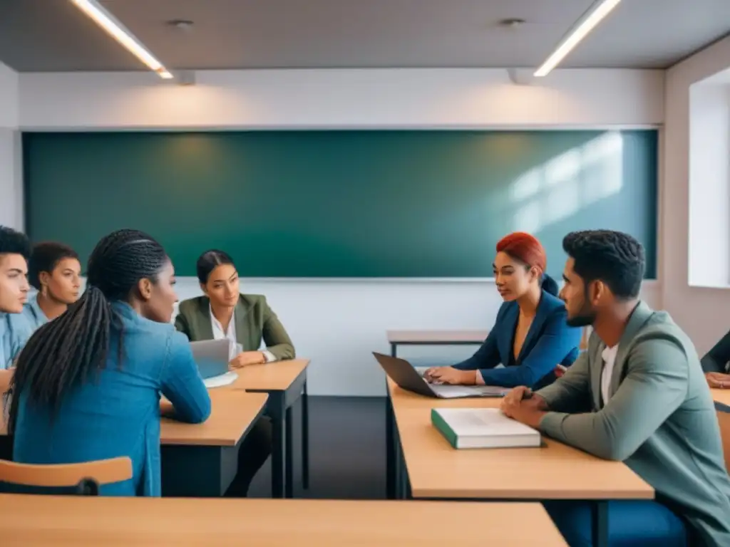 Un ambiente académico multicultural en Uruguay: estudiantes internacionales colaborando en aula moderna