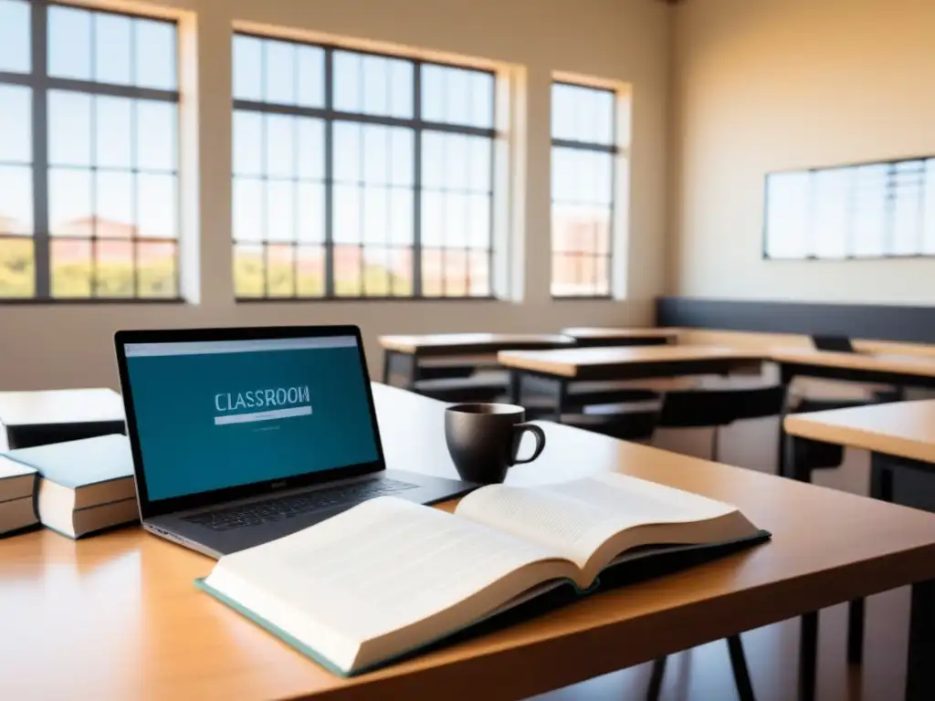 Un ambiente académico profesional en una universidad de Uruguay con un escritorio moderno y libros, laptop y café