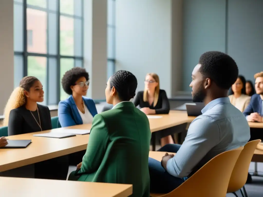 Un ambiente de aprendizaje colaborativo en un aula moderna, con estudiantes graduados diversos inmersos en una profunda discusión