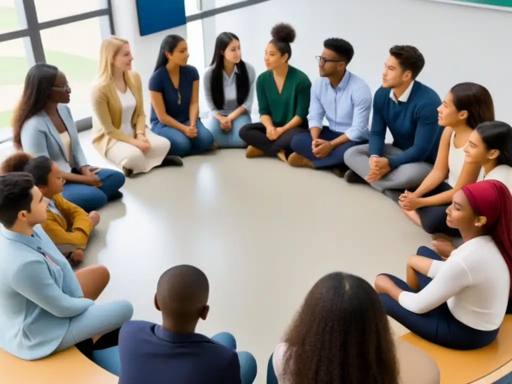 Un ambiente de aprendizaje multicultural donde estudiantes de diversas etnias y culturas participan en una discusión respetuosa