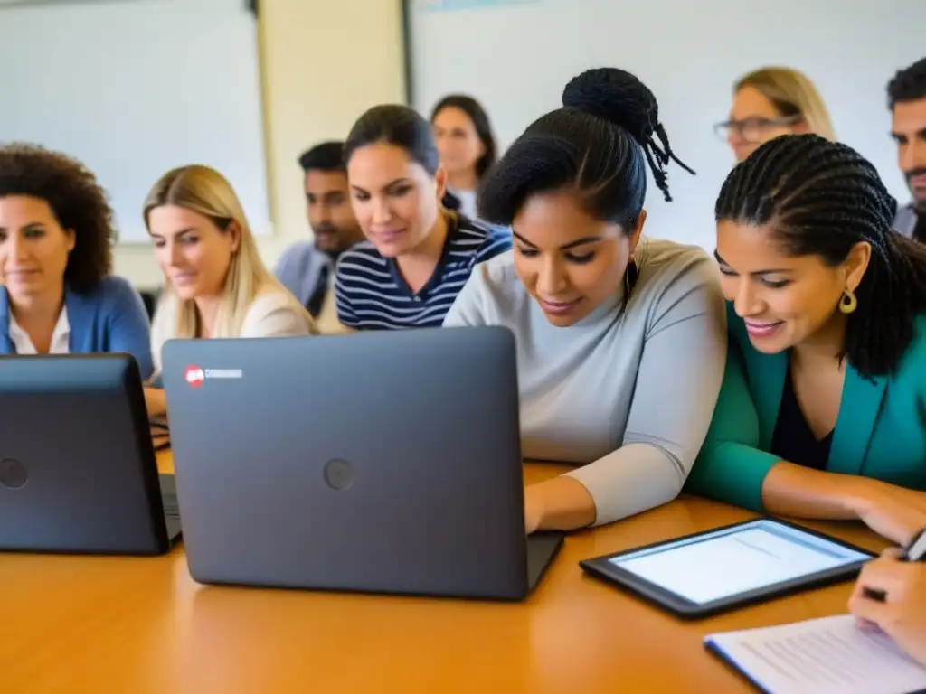 Un ambiente de capacitación docente en Uruguay con enfoque en tecnologías educativas, donde maestros colaboran e innovan con laptops y tablets