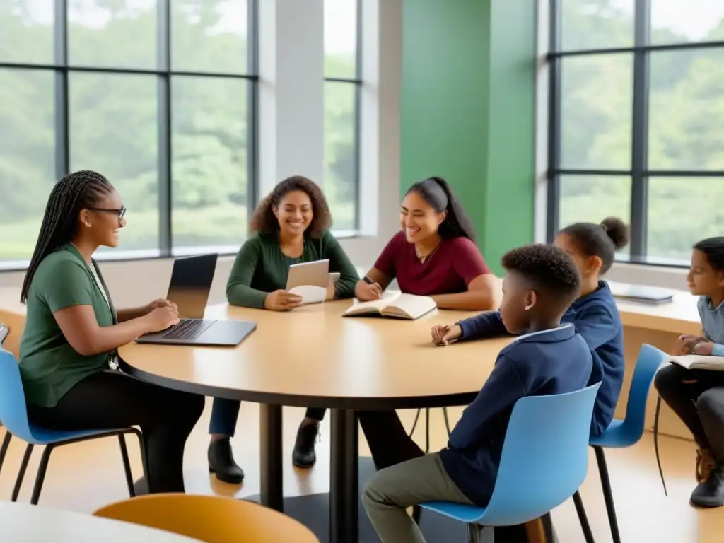 Un ambiente educativo inclusivo y armonioso que impacta en el rendimiento académico de estudiantes diversos trabajando juntos en un aula moderna