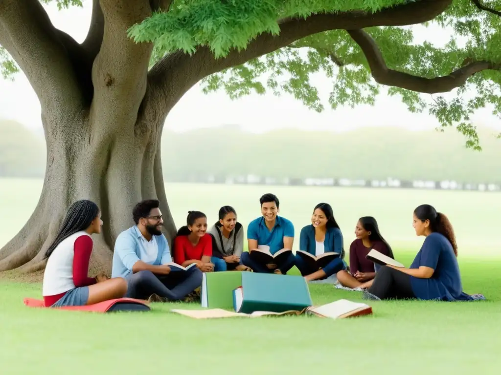 Grupo diverso de estudiantes en círculo bajo un árbol Un ambiente educativo inclusivo en Uruguay: estudiantes de diversas edades y etnias participando en variadas actividades al aire libre