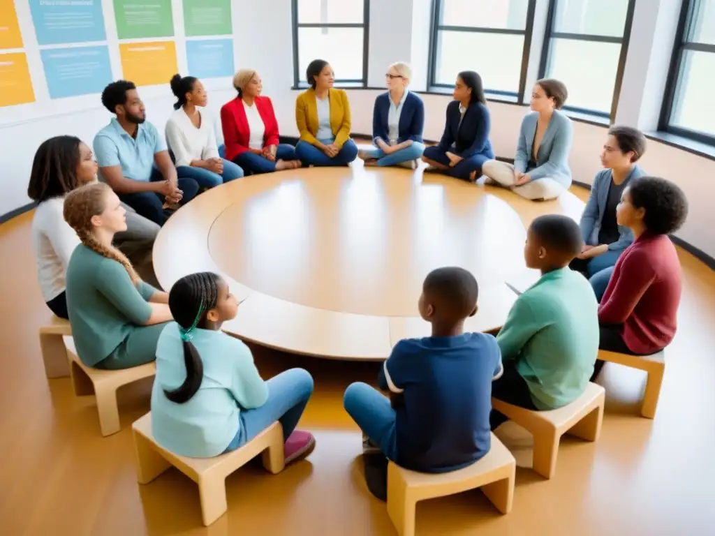 Conversación inclusiva: estudiantes colaboran en aula luminosa Un ambiente educativo inclusivo en Uruguay, donde estudiantes de diversas edades y orígenes colaboran y aprenden juntos