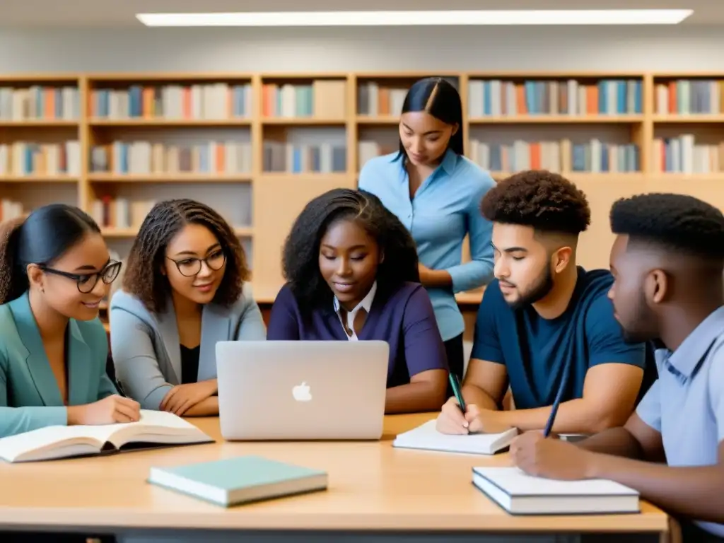 Un ambiente educativo moderno con estudiantes diversos colaborando juntos, rodeados de libros y herramientas educativas