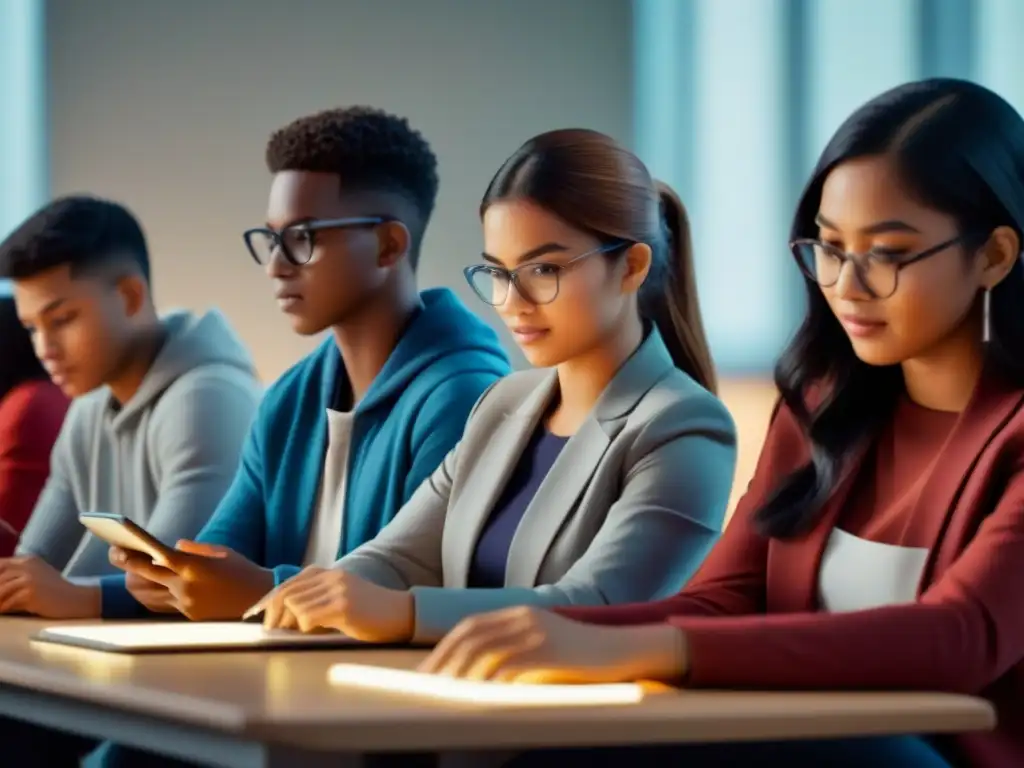 Un ambiente educativo moderno e inclusivo con estudiantes usando aplicaciones educativas gratuitas en Uruguay