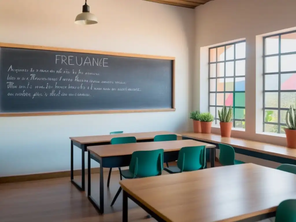 Ambiente educativo positivo en Uruguay: aulas serenas con decoración minimalista, escritorios de madera cálida y plantas