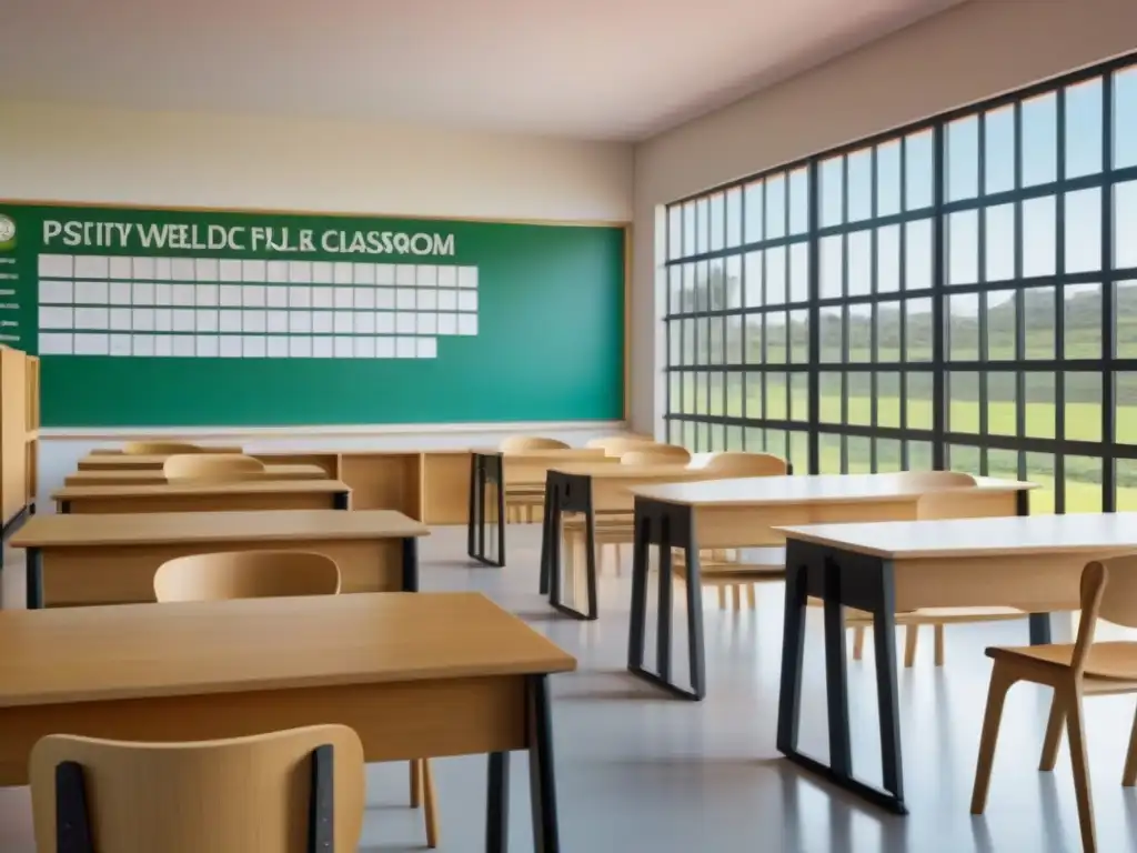 Ambiente educativo positivo en Uruguay: Aula serena con escritorios de madera, ventanas grandes y carteles coloridos