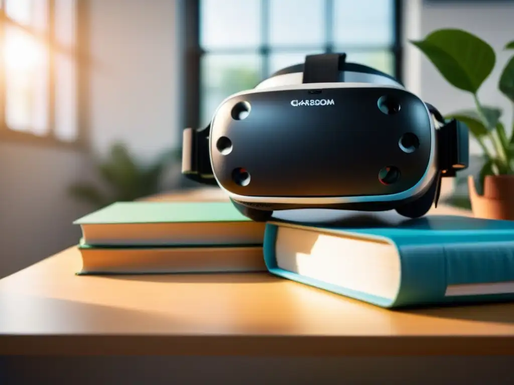 Un ambiente educativo sereno con auriculares de realidad virtual en un escritorio