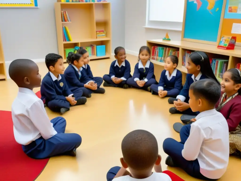 Un ambiente escolar diverso y armonioso en Uruguay donde niños de distintas culturas comparten actividades educativas