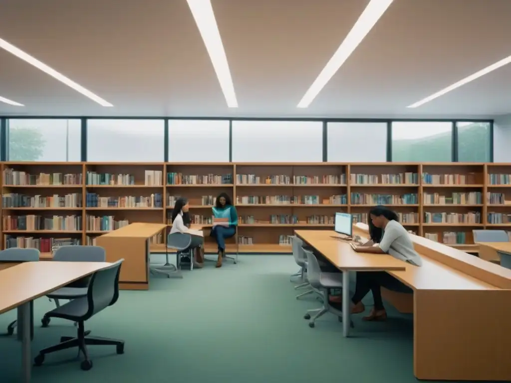 Un ambiente escolar moderno y diverso en una biblioteca, reflejando reformas educativas