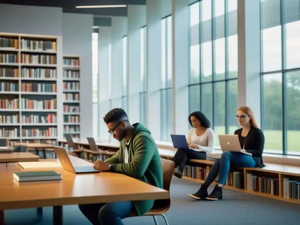 Un ambiente de estudio colaborativo y enfocado en una moderna biblioteca con estudiantes diversos