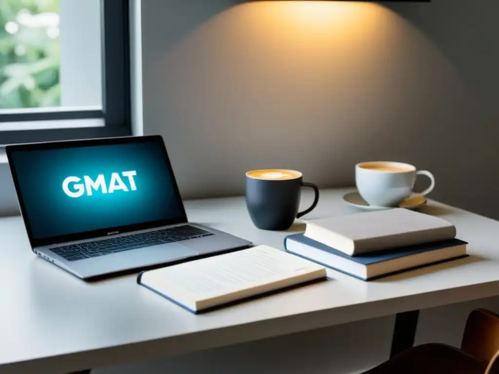 Un ambiente de estudio con laptop, libros GMAT, café y lentes sobre un escritorio minimalista, iluminado naturalmente