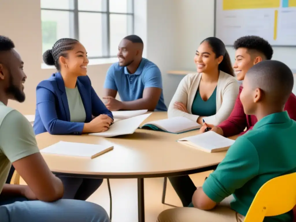 Un ambiente inclusivo en un aula de Uruguay: estudiantes de diversas etnias y habilidades participan en una discusión colaborativa