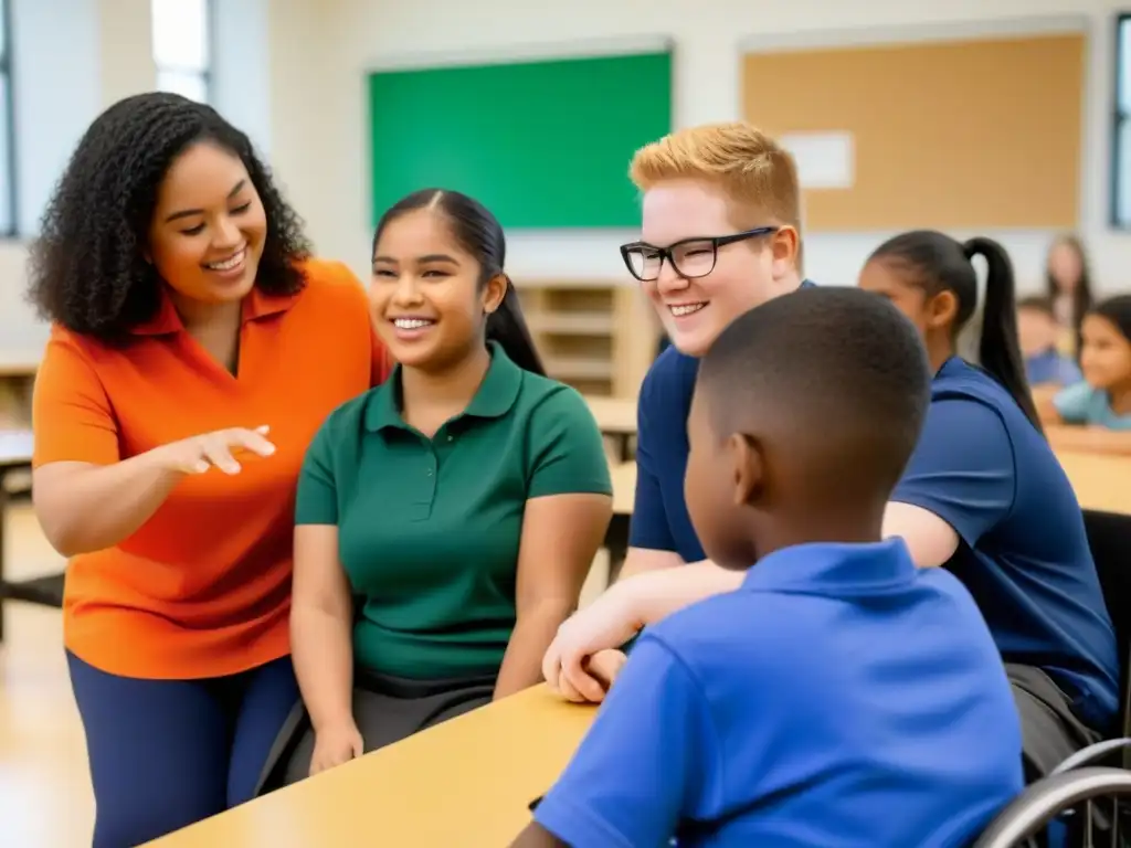 Un ambiente inclusivo en educación especial: estudiantes colaboran con concentración y camaradería en aula luminosa