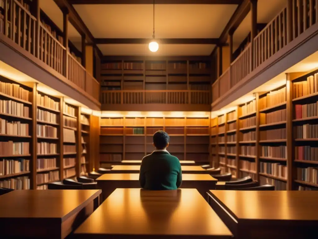 Un ambiente mágico en una antigua biblioteca, con estanterías llenas de libros, luz cálida y una figura leyendo