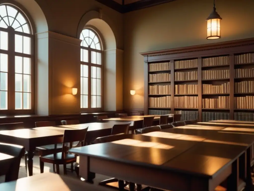 Un ambiente sereno y académico en una biblioteca histórica, bañada por una cálida luz