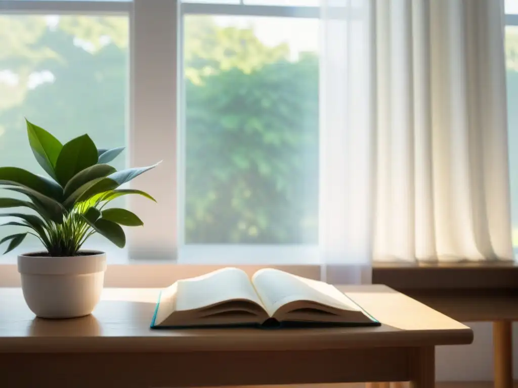 Ambiente sereno de aula con escritorio de madera, libros ordenados, planta en maceta blanca y ventana con cortinas blancas ondeando