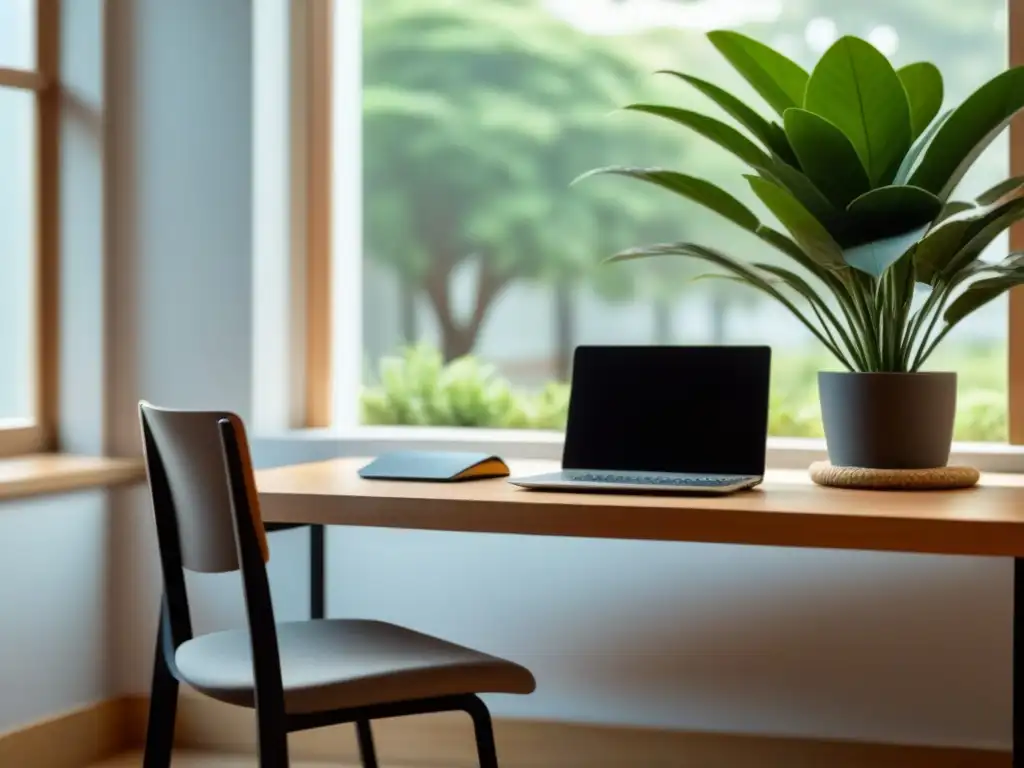 Ambiente sereno en aula uruguaya: escritorio de madera, laptop, planta en alféizar