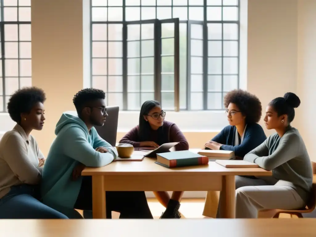 Un ambiente sereno de colaboración y concentración entre estudiantes diversos, en una escena minimalista