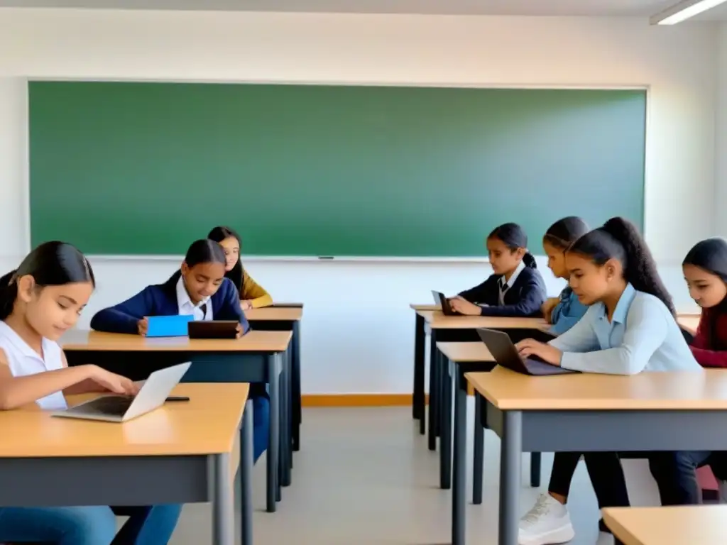 Un ambiente sereno de enseñanza híbrida en Uruguay, con estudiantes diversos colaborando y aprendiendo juntos